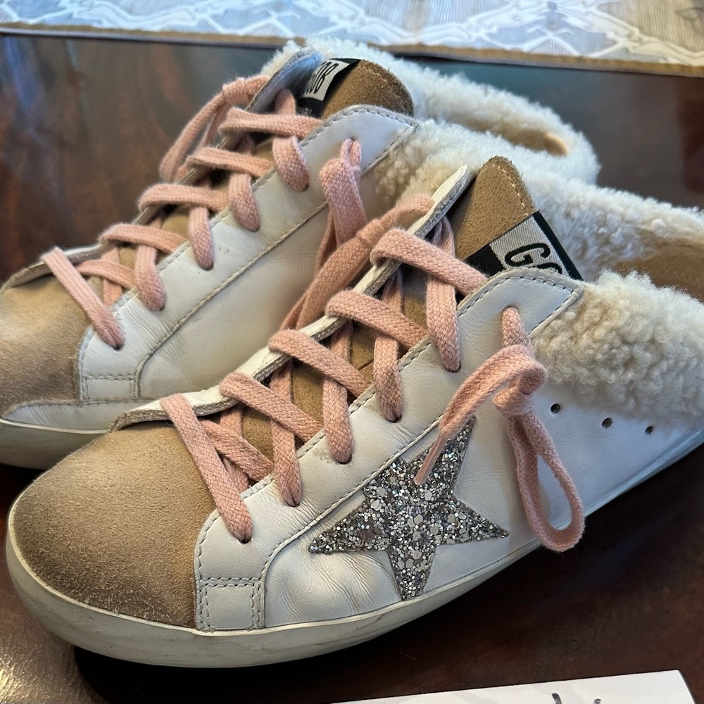 Golden Goose White Sneakers with Pink Laces and Glitter Star